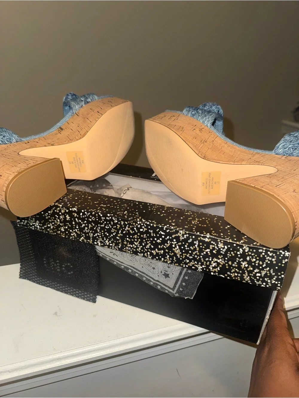 Blue Woven and Cork Platform Sandals